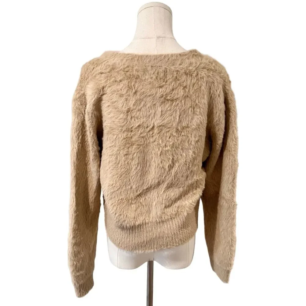 Lili Sidonio Fuzzy Eyelash Knit Cardigan Beige M Button Front